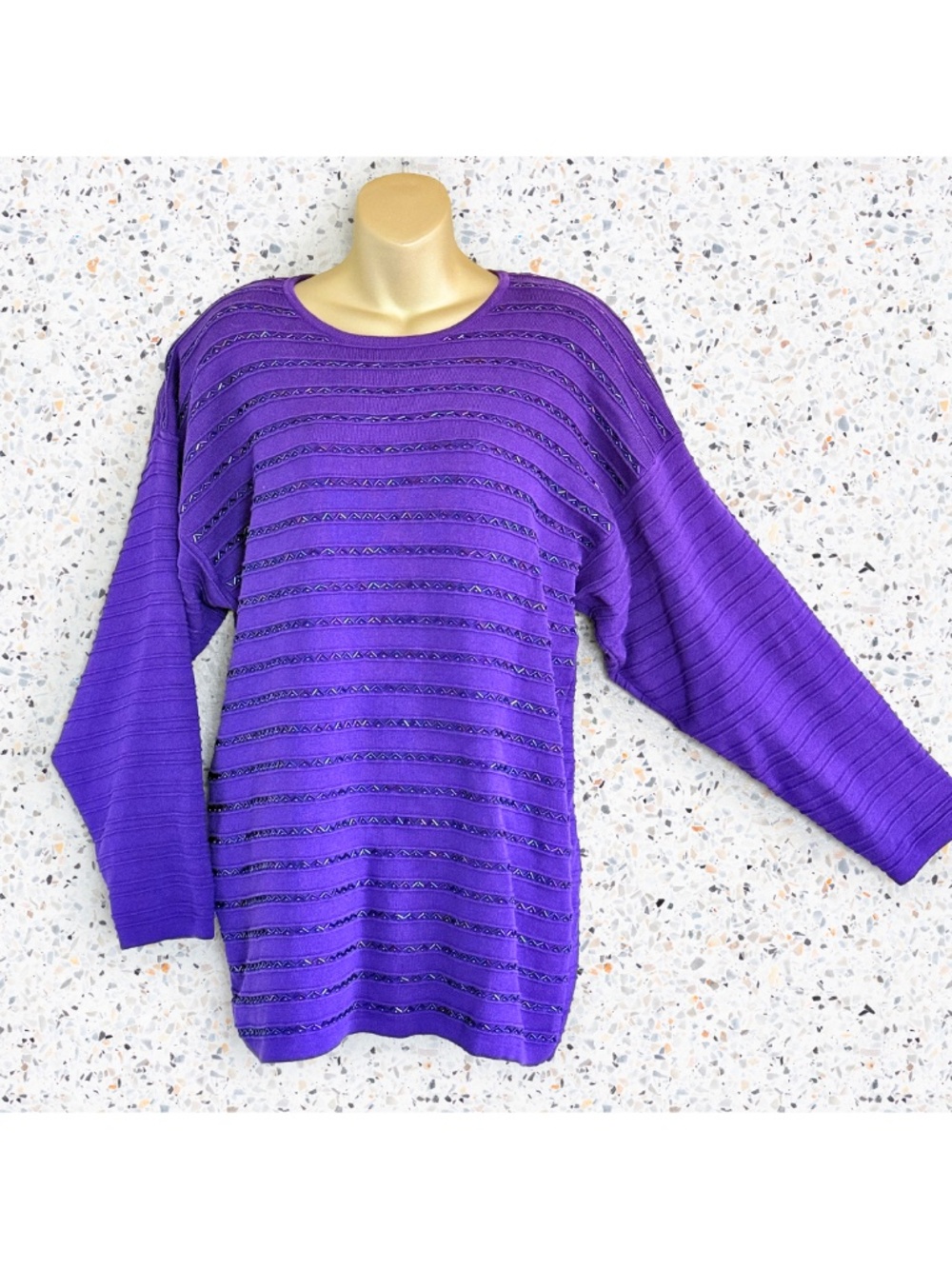 VTG 80s Slouchy Purple Beaded 100% Cotton Party Knit Oversized Glam Sweater Sz L